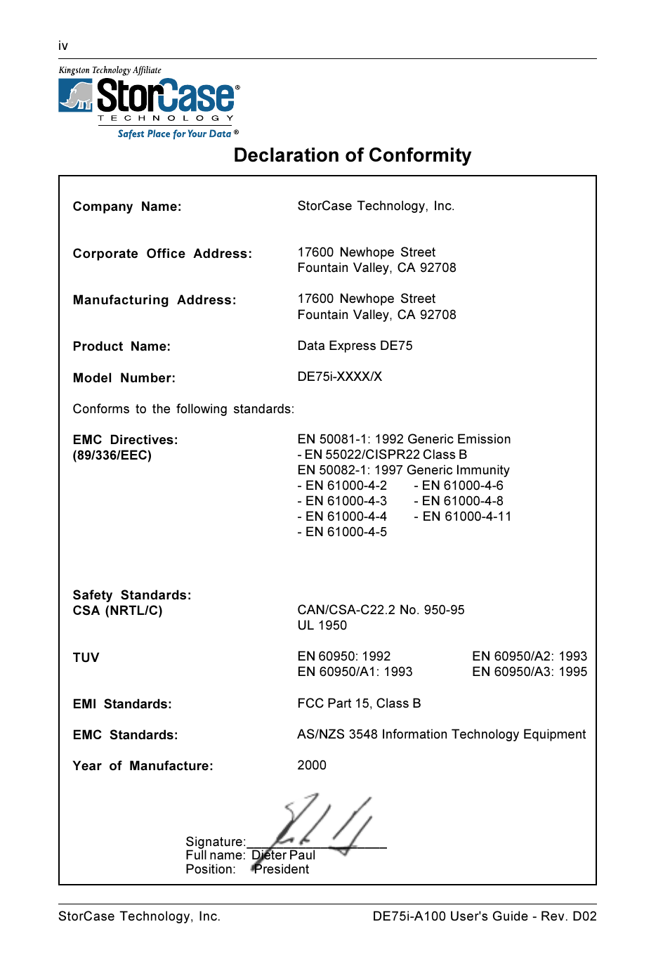 Declaration of conformity | StorCase Technology DE75i-A100 User Manual | Page 5 / 31