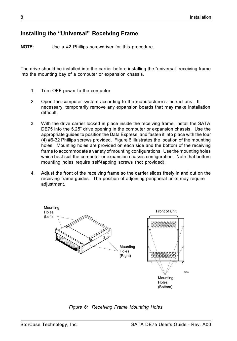 Installing the universal receiving frame | StorCase Technology SATA DE75 User Manual | Page 16 / 28