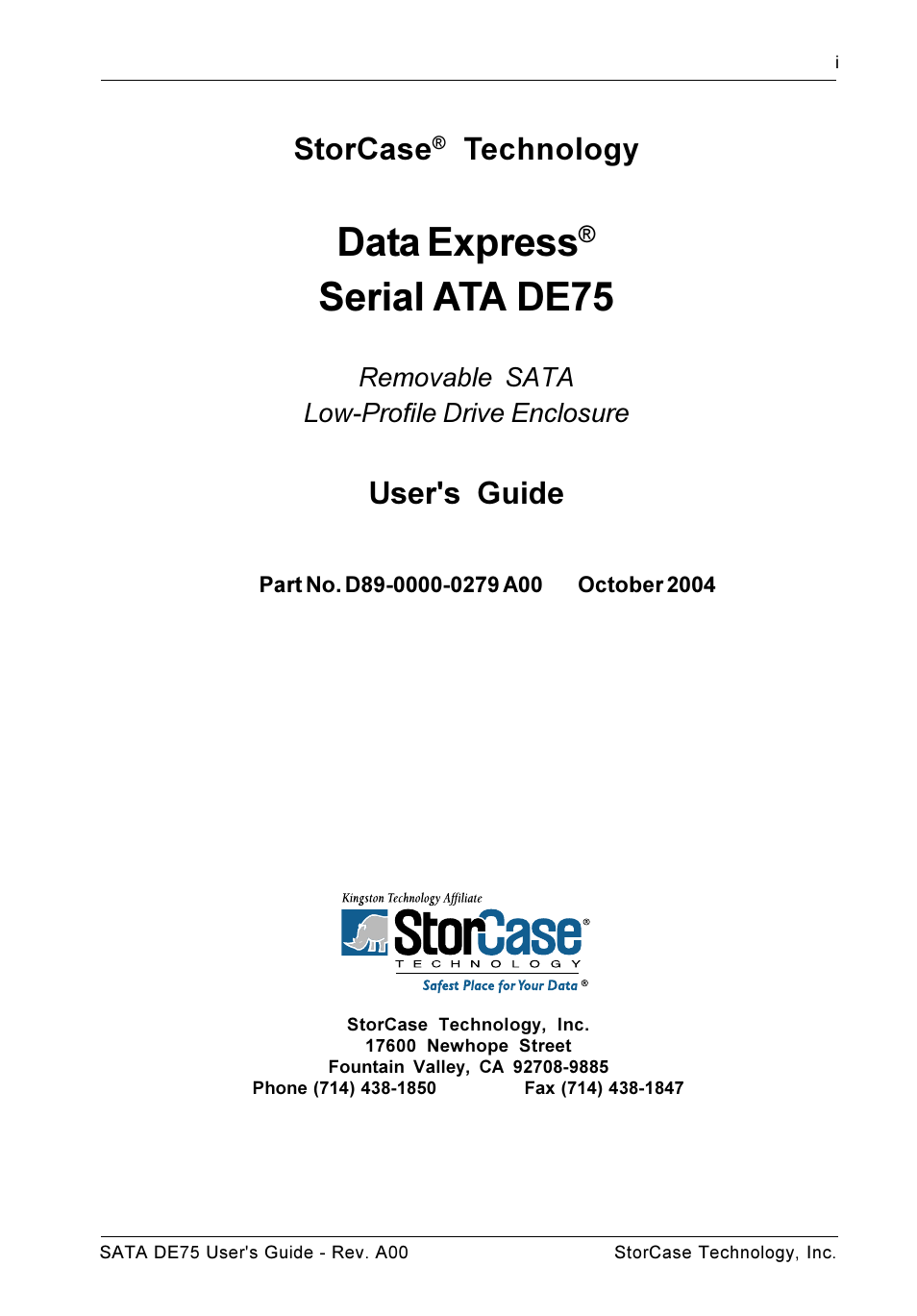Data express, Serial ata de75, Storcase | Technology, User's guide | StorCase Technology SATA DE75 User Manual | Page 2 / 28