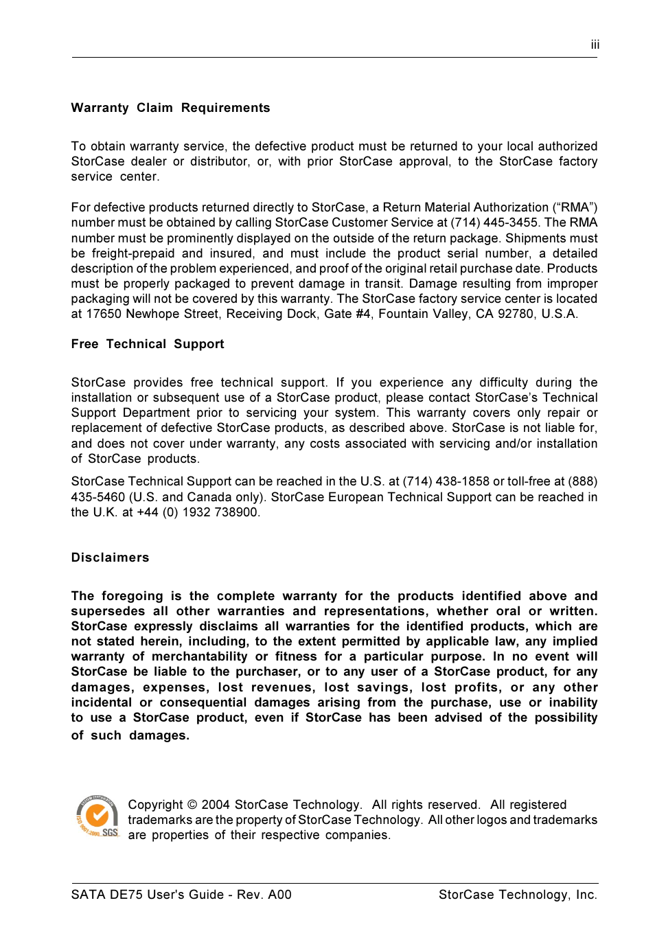 StorCase Technology SATA DE75 User Manual | Page 4 / 28