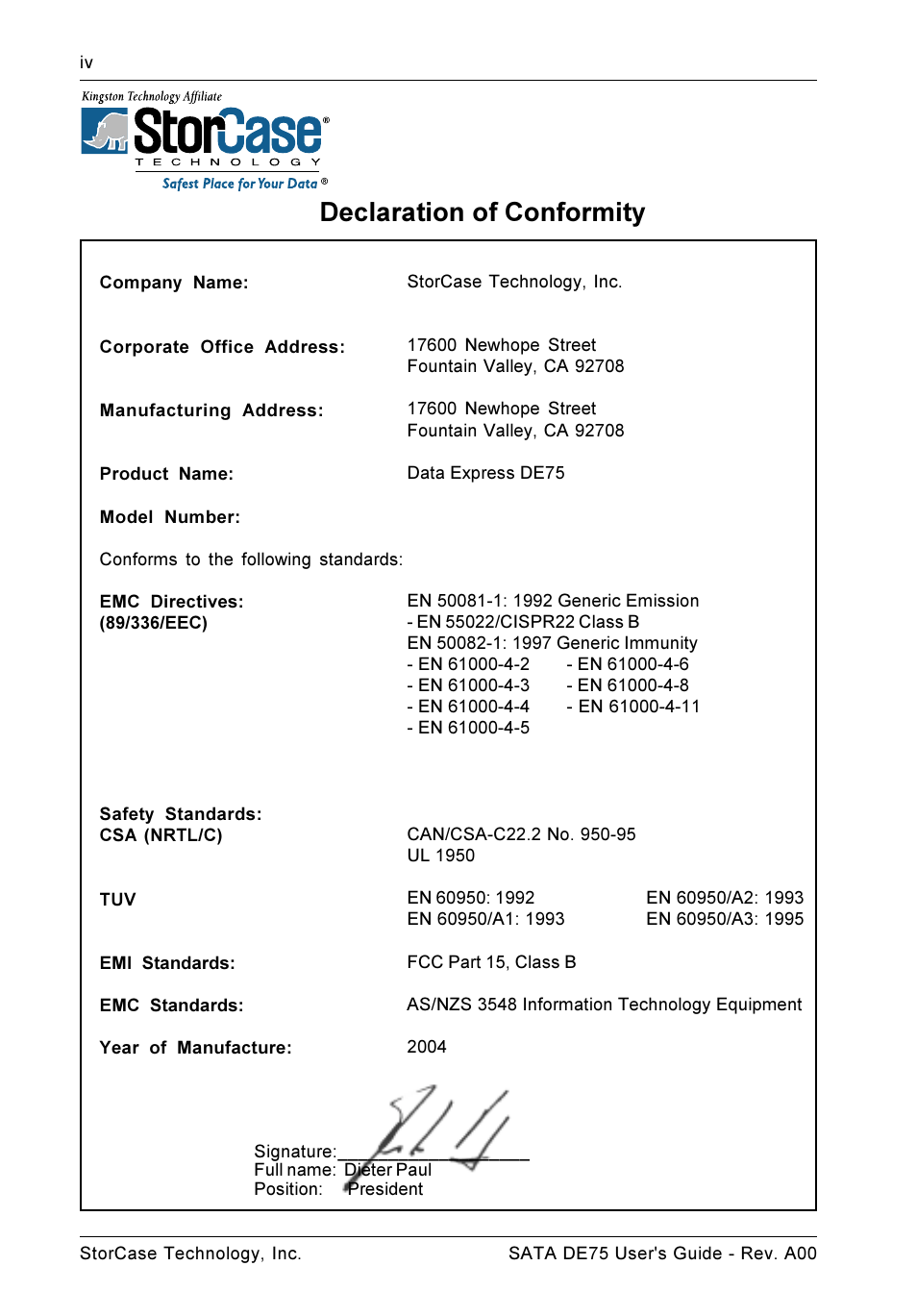 Declaration of conformity | StorCase Technology SATA DE75 User Manual | Page 5 / 28