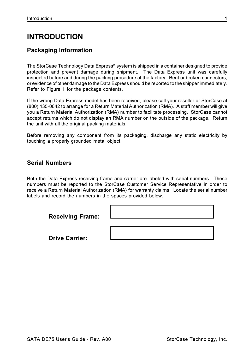 Introduction, Packaging information, Serial numbers | Receiving frame: drive carrier | StorCase Technology SATA DE75 User Manual | Page 8 / 28