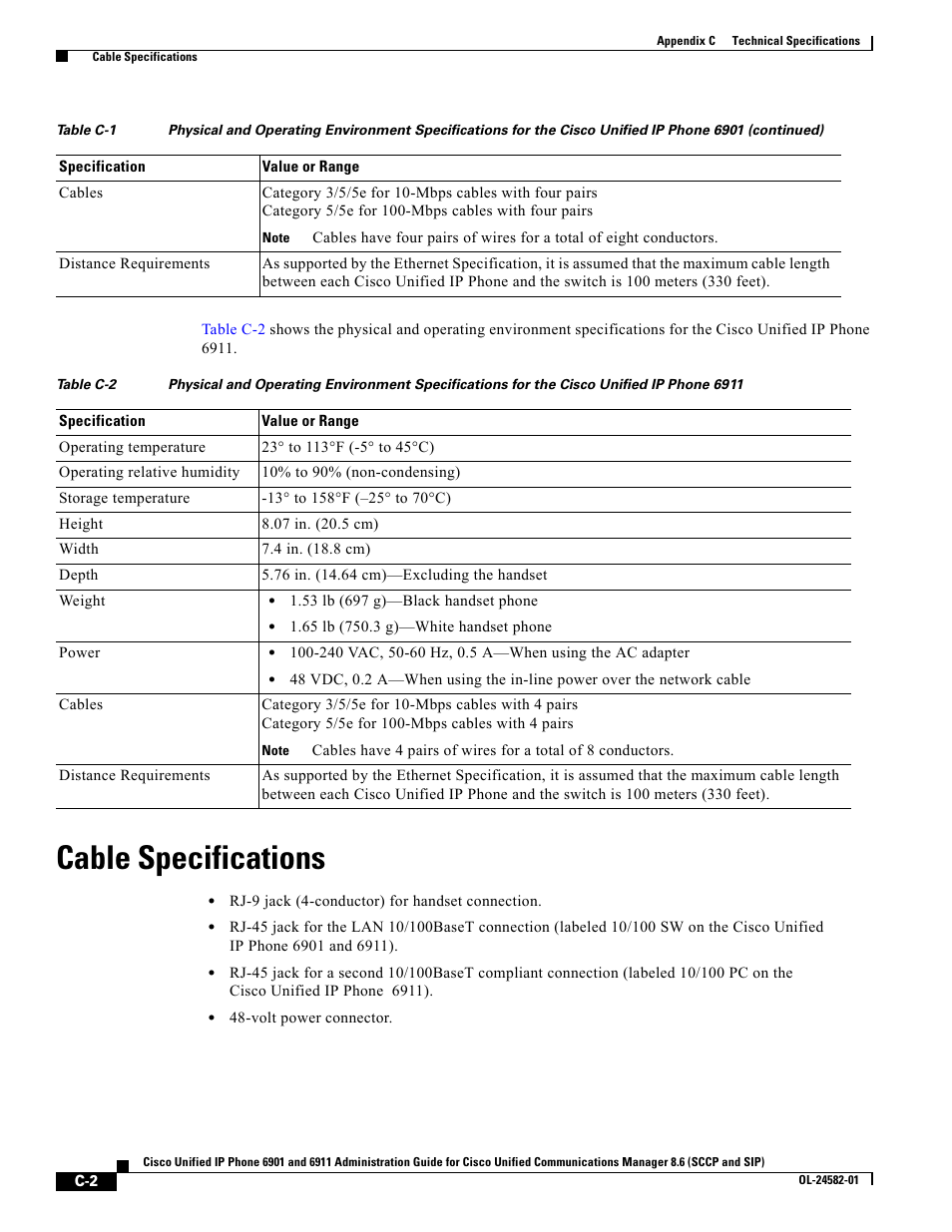 Cable specifications | Cisco OL-24582-01 User Manual | Page 2 / 4
