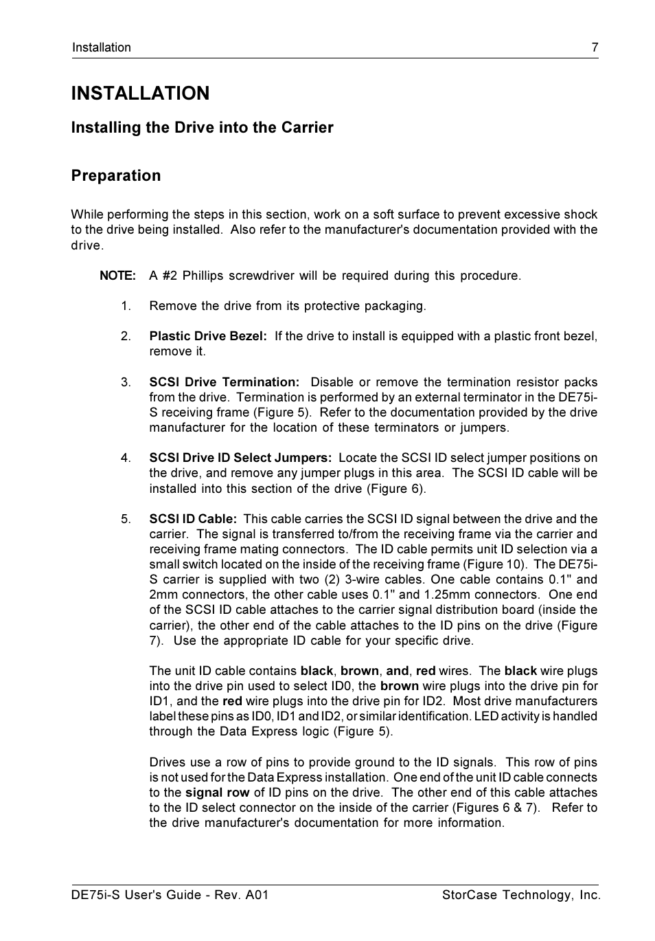 Installation, Installing the drive into the carrier preparation | StorCase Technology DE75i-S User Manual | Page 14 / 31
