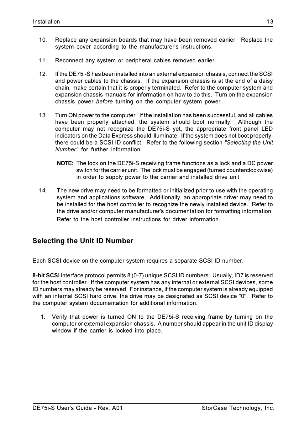 Selecting the unit id number | StorCase Technology DE75i-S User Manual | Page 20 / 31
