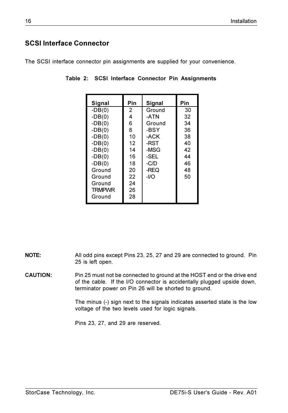 Scsi interface connector | StorCase Technology DE75i-S User Manual | Page 23 / 31