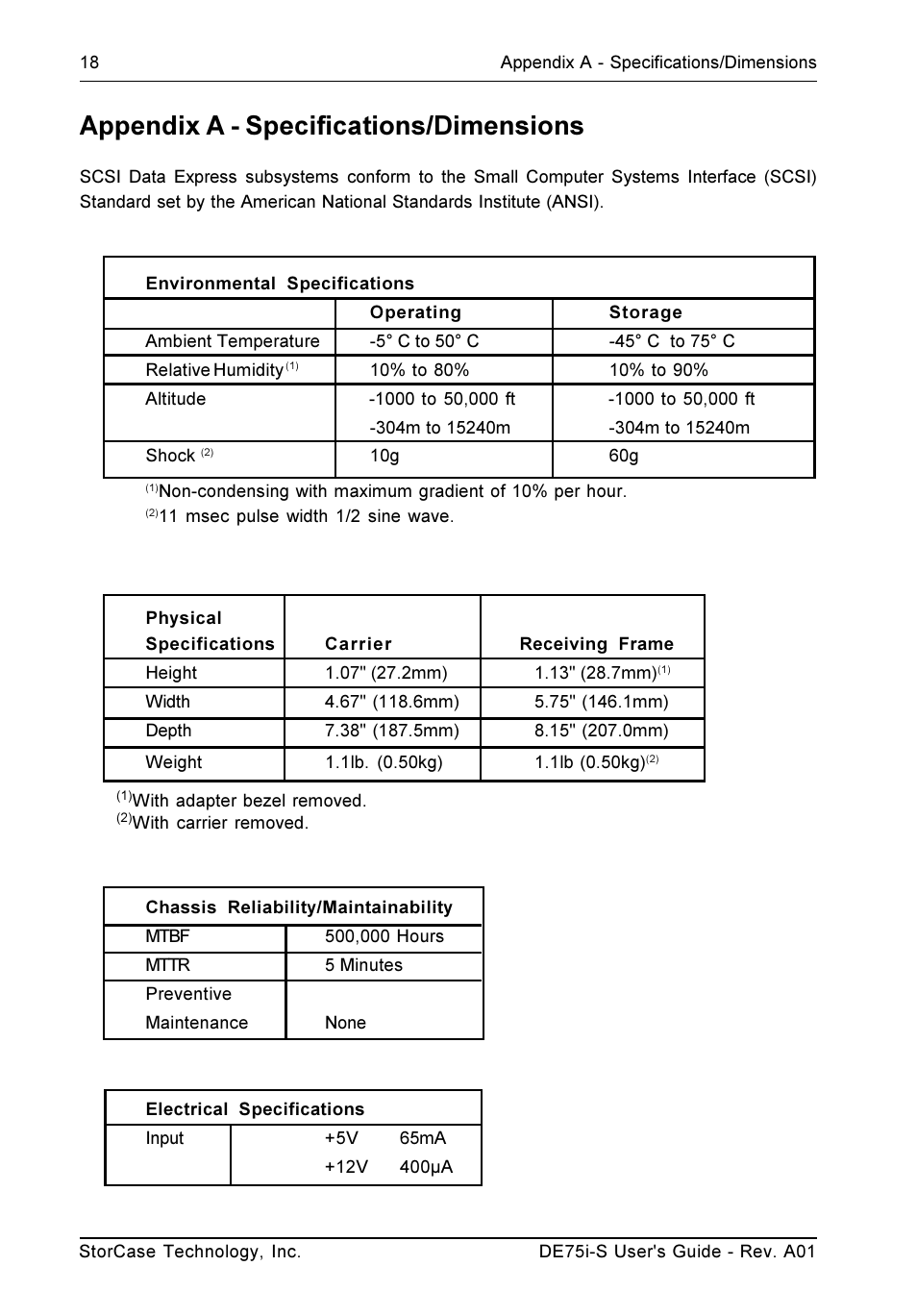 Appendix a - specifications/dimensions | StorCase Technology DE75i-S User Manual | Page 25 / 31