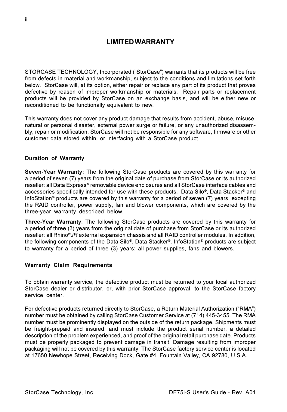 Limited warranty | StorCase Technology DE75i-S User Manual | Page 3 / 31