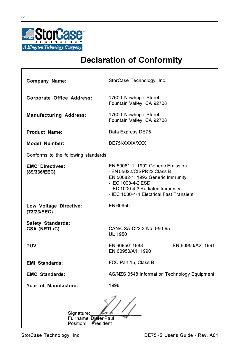 Declaration of conformity | StorCase Technology DE75i-S User Manual | Page 5 / 31