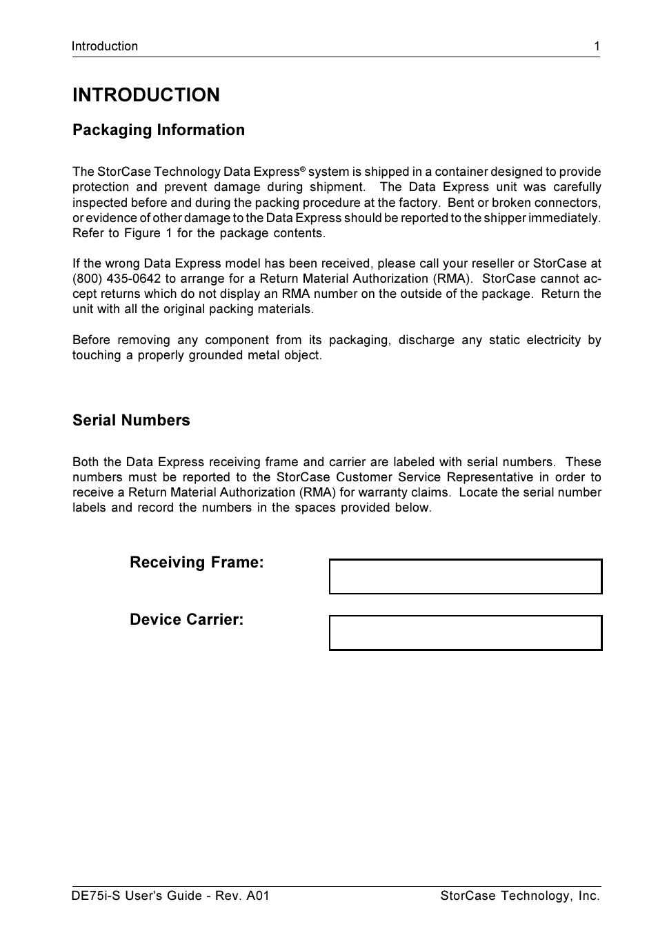 Introduction, Packaging information, Serial numbers | Receiving frame: device carrier | StorCase Technology DE75i-S User Manual | Page 8 / 31