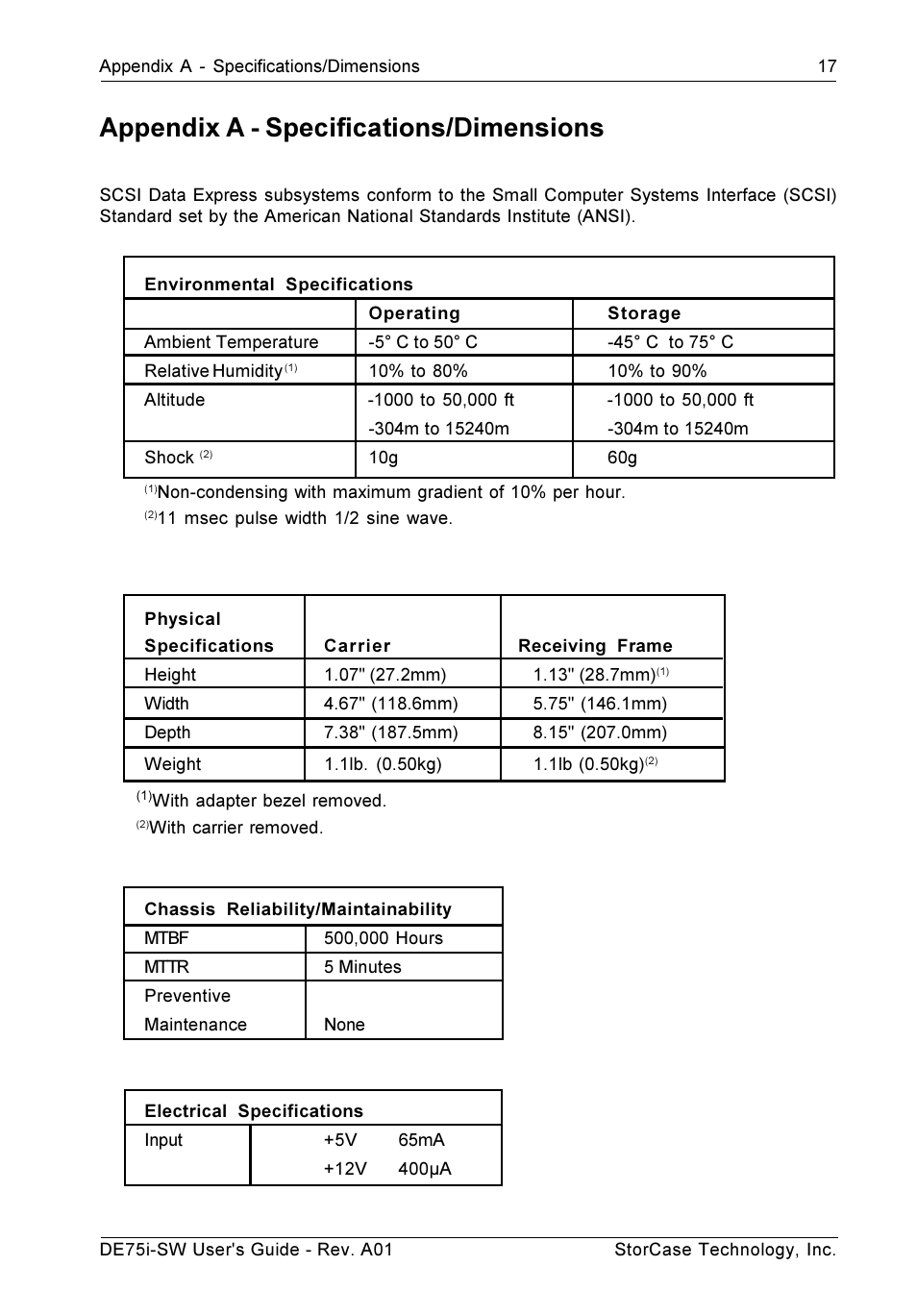 Appendix a - specifications/dimensions | StorCase Technology DE75i-SW User Manual | Page 24 / 33