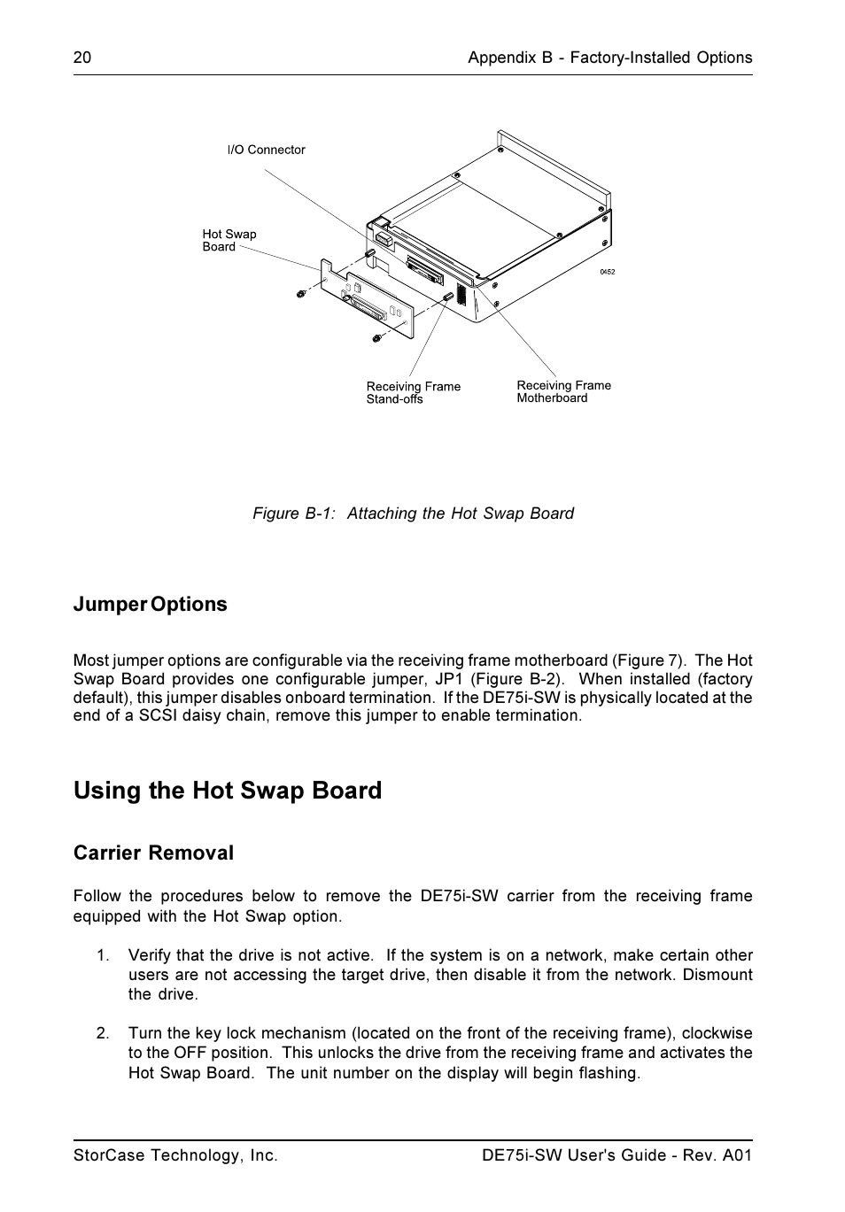 Using the hot swap board, Jumper options, Carrier removal | StorCase Technology DE75i-SW User Manual | Page 27 / 33