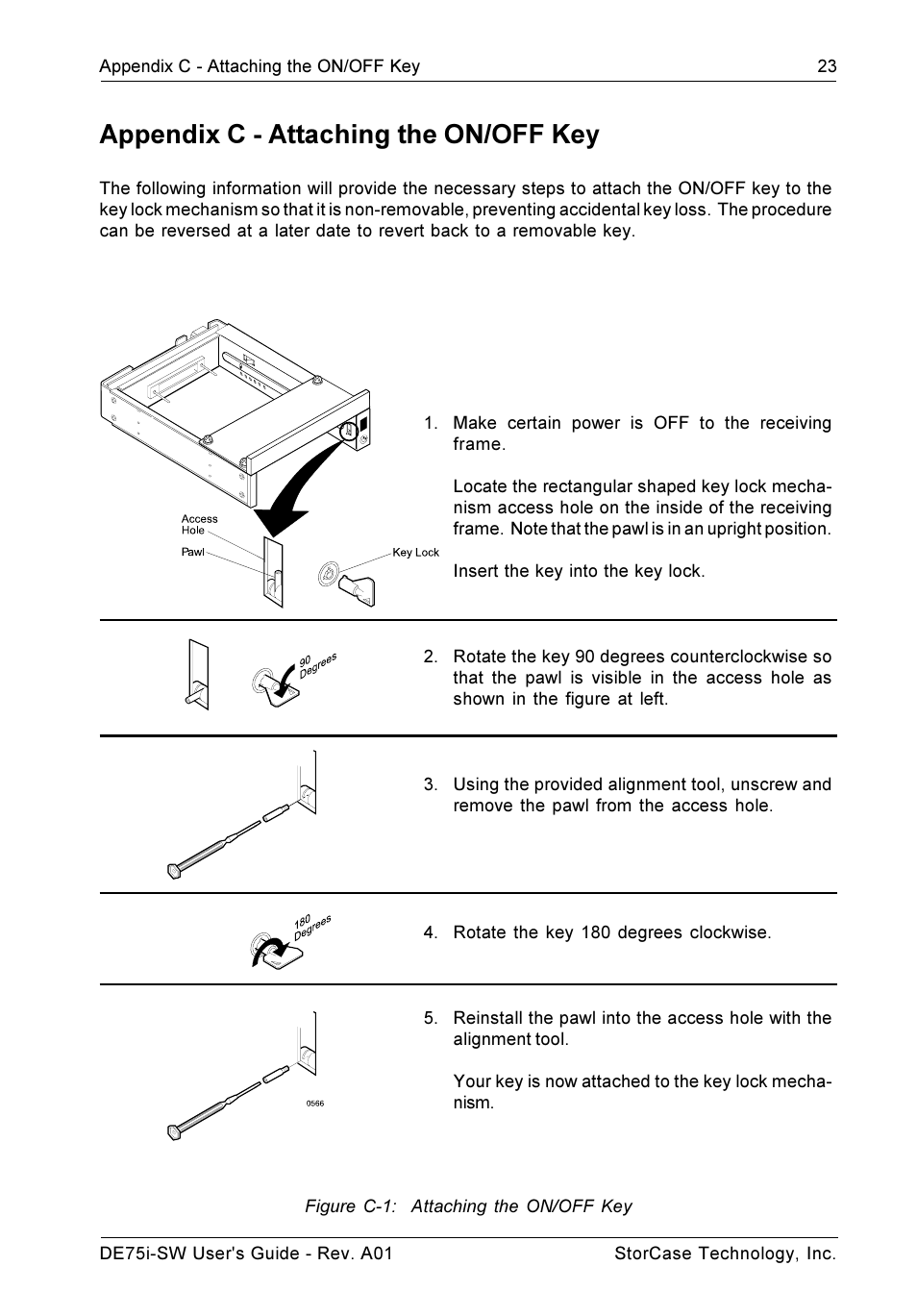 Appendix c - attaching the on/off key | StorCase Technology DE75i-SW User Manual | Page 30 / 33