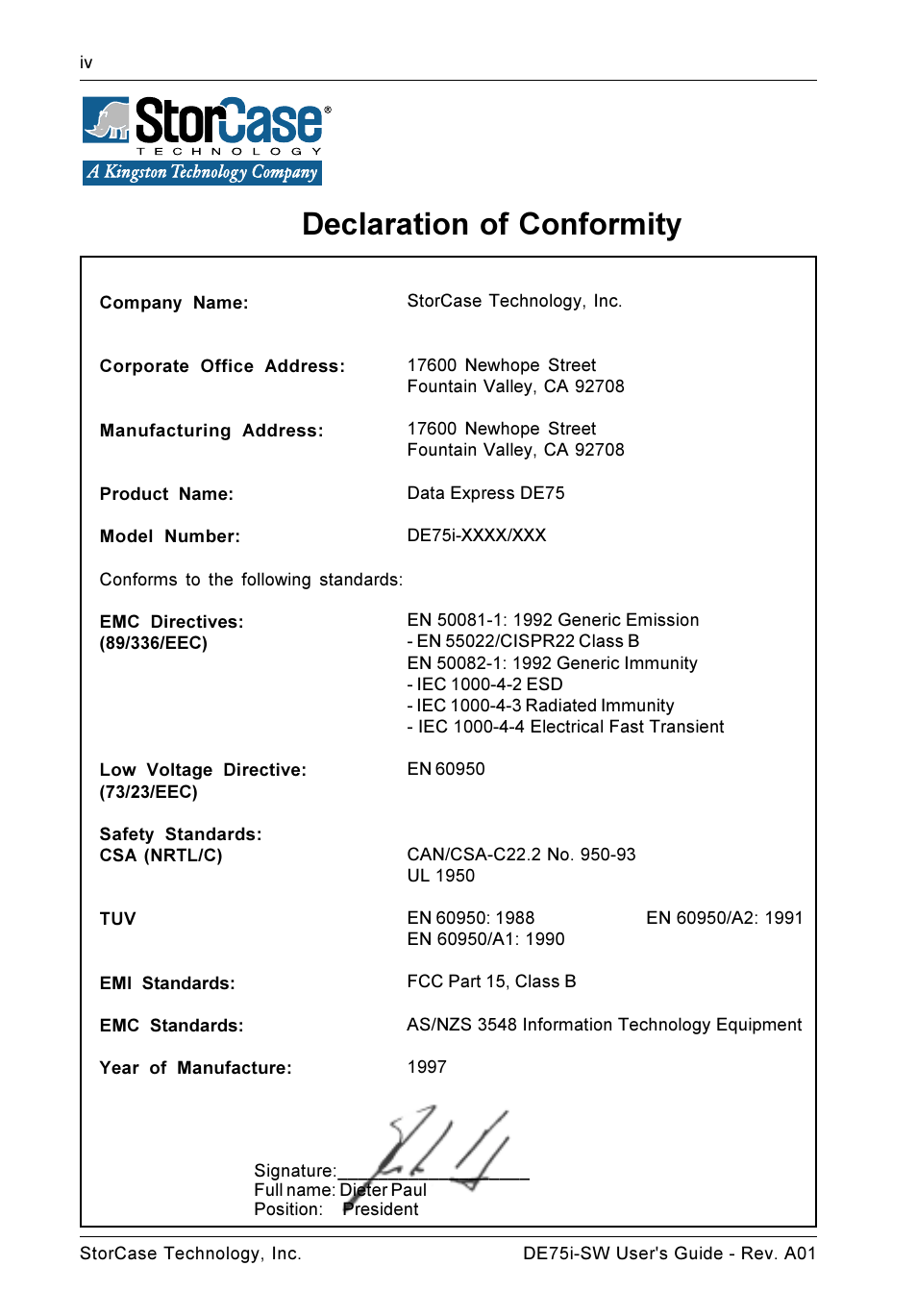 Declaration of conformity | StorCase Technology DE75i-SW User Manual | Page 5 / 33