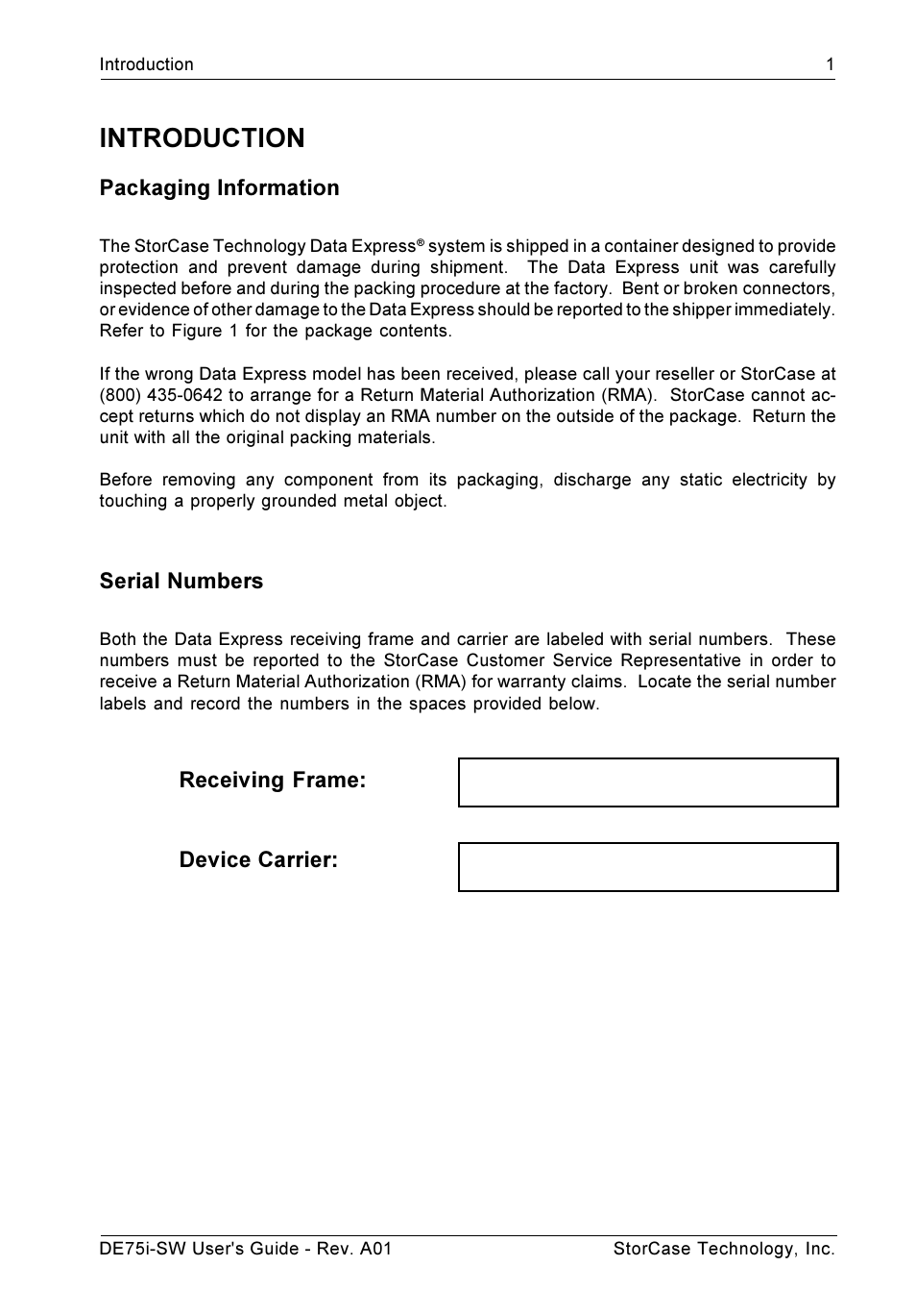 Introduction, Packaging information, Serial numbers | Receiving frame: device carrier | StorCase Technology DE75i-SW User Manual | Page 8 / 33