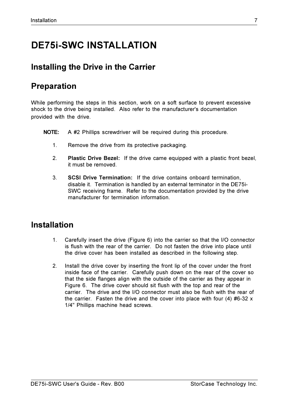 De75i-swc installation, Installing the drive in the carrier preparation, Installation | StorCase Technology DE75i-SWC User Manual | Page 14 / 33