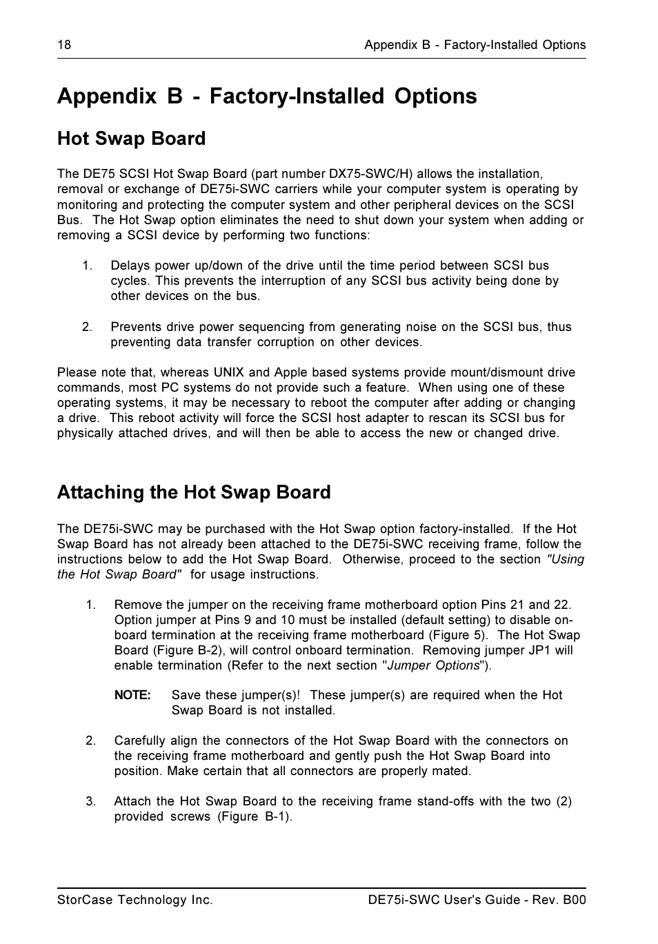 Appendix b - factory-installed options, Hot swap board, Attaching the hot swap board | StorCase Technology DE75i-SWC User Manual | Page 25 / 33