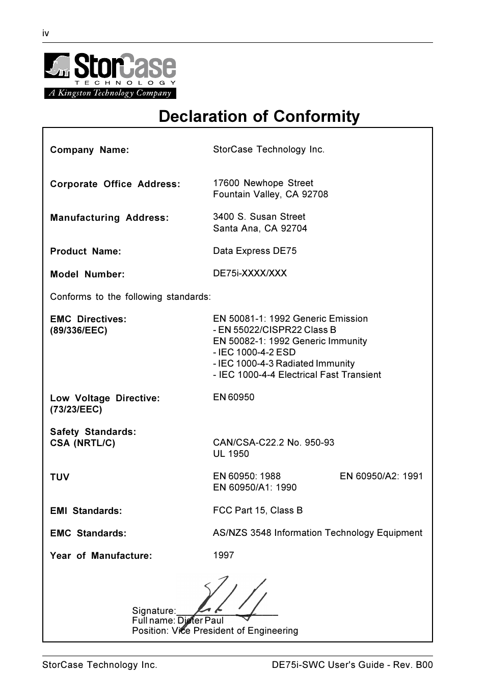 Declaration of conformity | StorCase Technology DE75i-SWC User Manual | Page 5 / 33