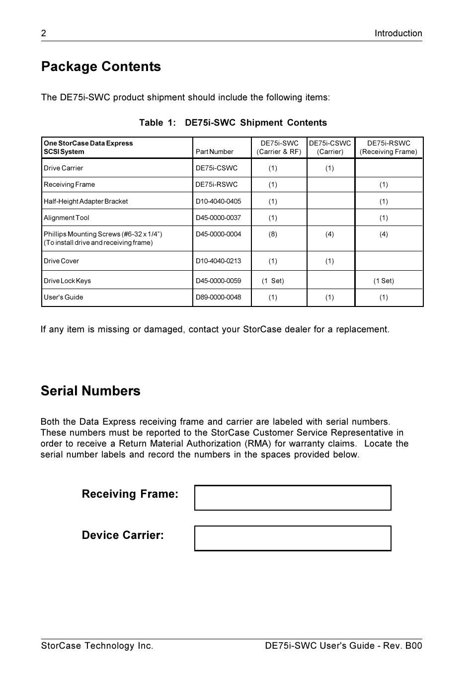 Serial numbers, Package contents, Receiving frame: device carrier | StorCase Technology DE75i-SWC User Manual | Page 9 / 33