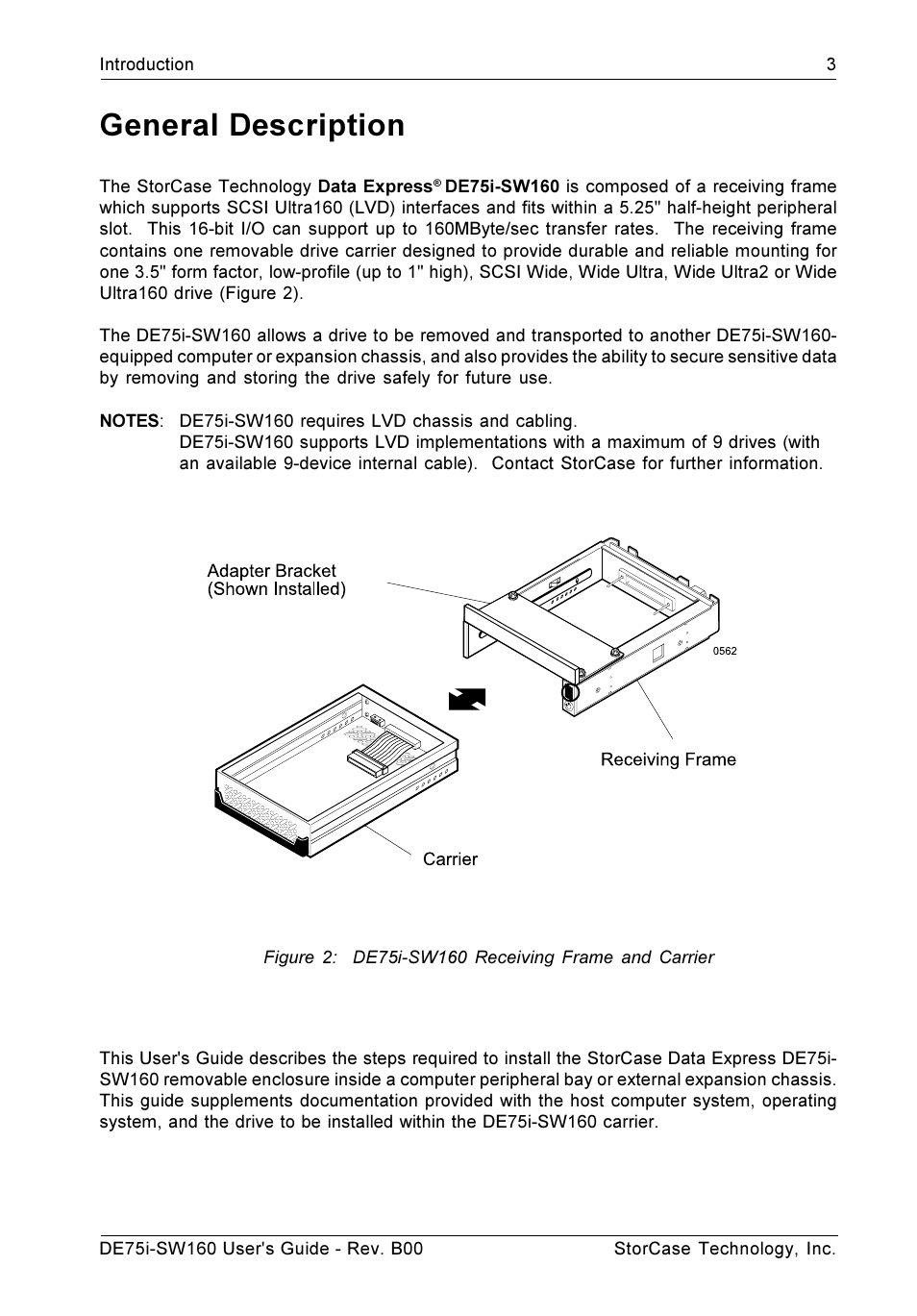 General description, Figure 2: de75i-sw160 receiving frame and carrier | StorCase Technology DE75i-SW160 User Manual | Page 10 / 29