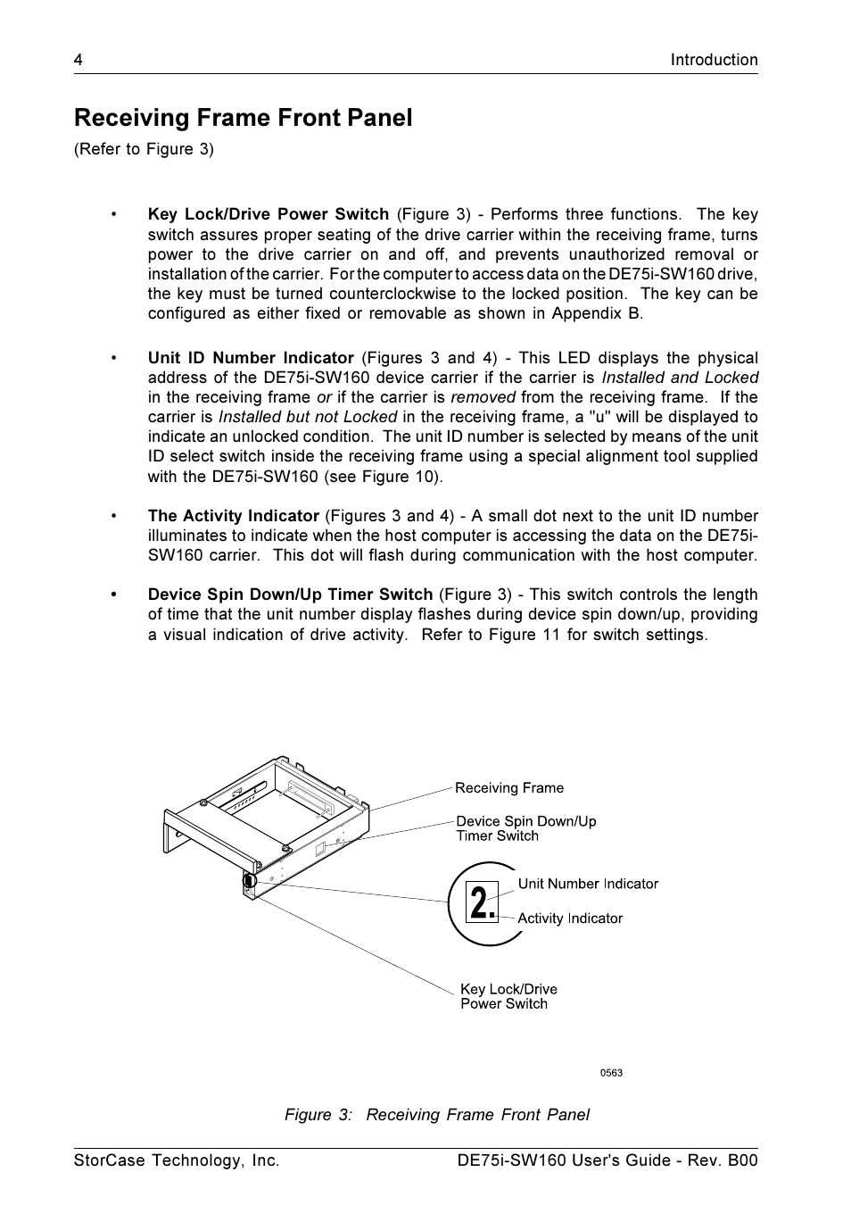 Receiving frame front panel, Figure 3: receiving frame front panel | StorCase Technology DE75i-SW160 User Manual | Page 11 / 29