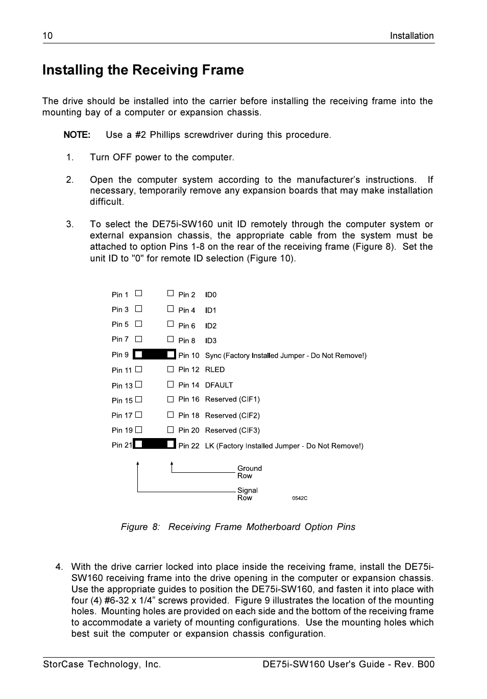 Installing the receiving frame, Figure 8: receiving frame motherboard option pins | StorCase Technology DE75i-SW160 User Manual | Page 17 / 29