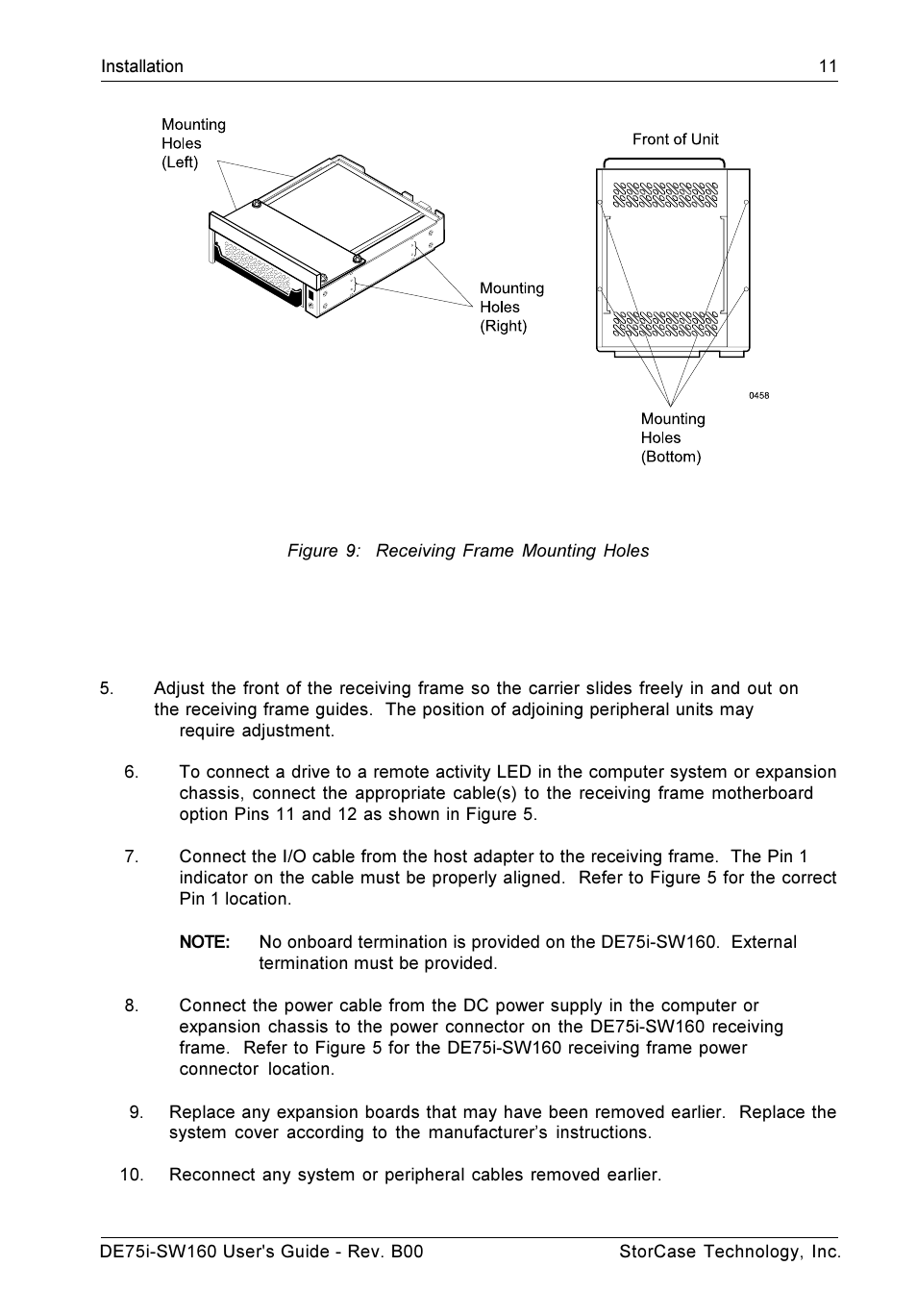 Figure 9: receiving frame mounting holes | StorCase Technology DE75i-SW160 User Manual | Page 18 / 29