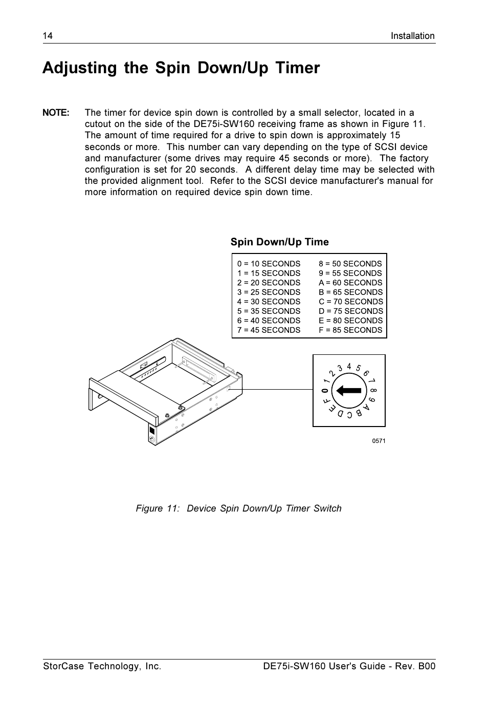 Adjusting the spin down/up timer, Figure 11: device spin down/up timer switch | StorCase Technology DE75i-SW160 User Manual | Page 21 / 29