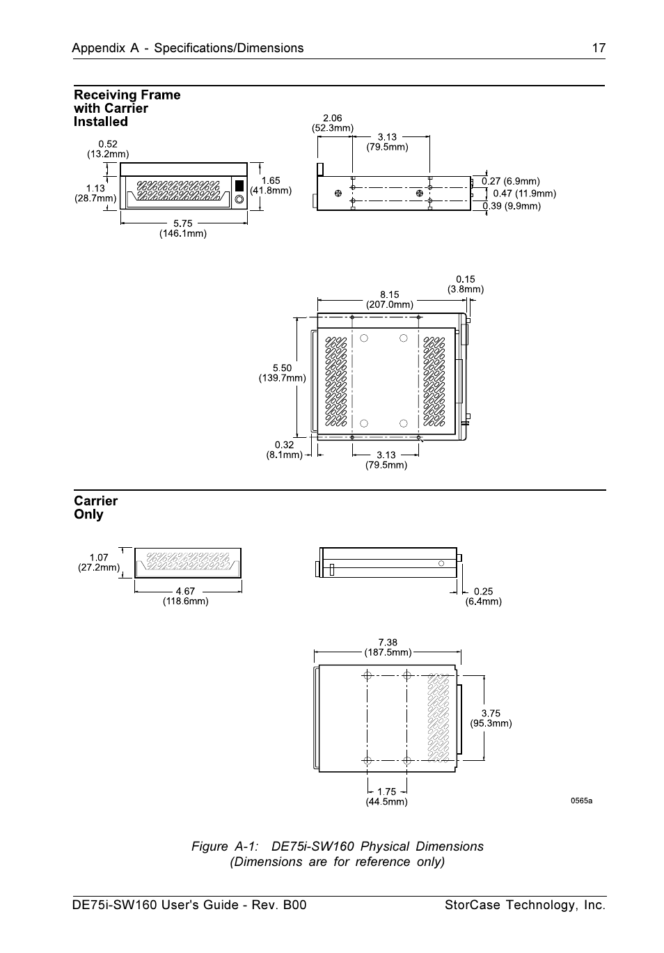 Figure a-1: de75i-sw160 physical dimensions | StorCase Technology DE75i-SW160 User Manual | Page 24 / 29