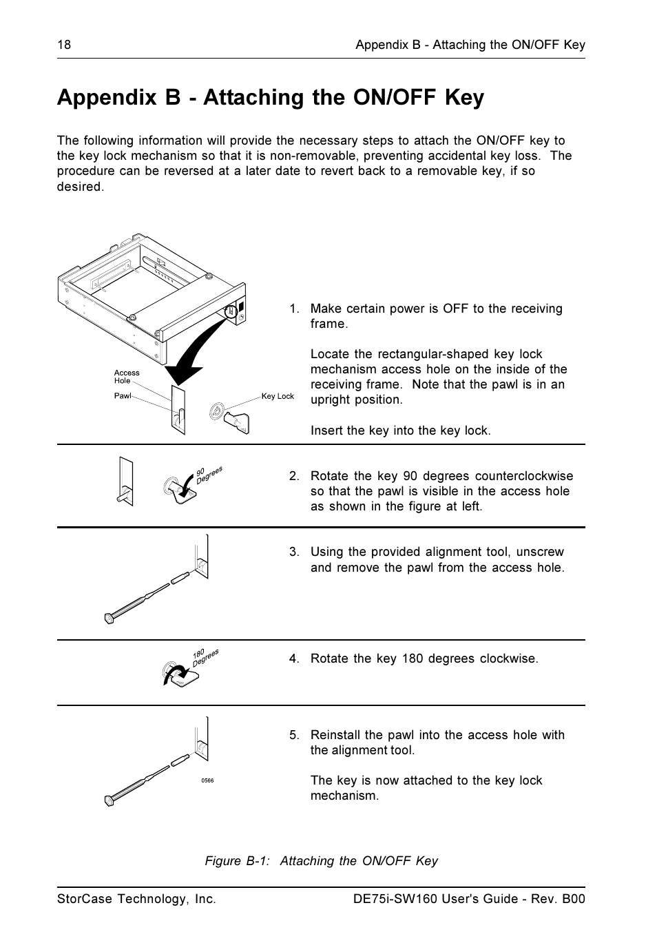 Appendix b - attaching the on/off key, Figure b-1: attaching the on/off key | StorCase Technology DE75i-SW160 User Manual | Page 25 / 29