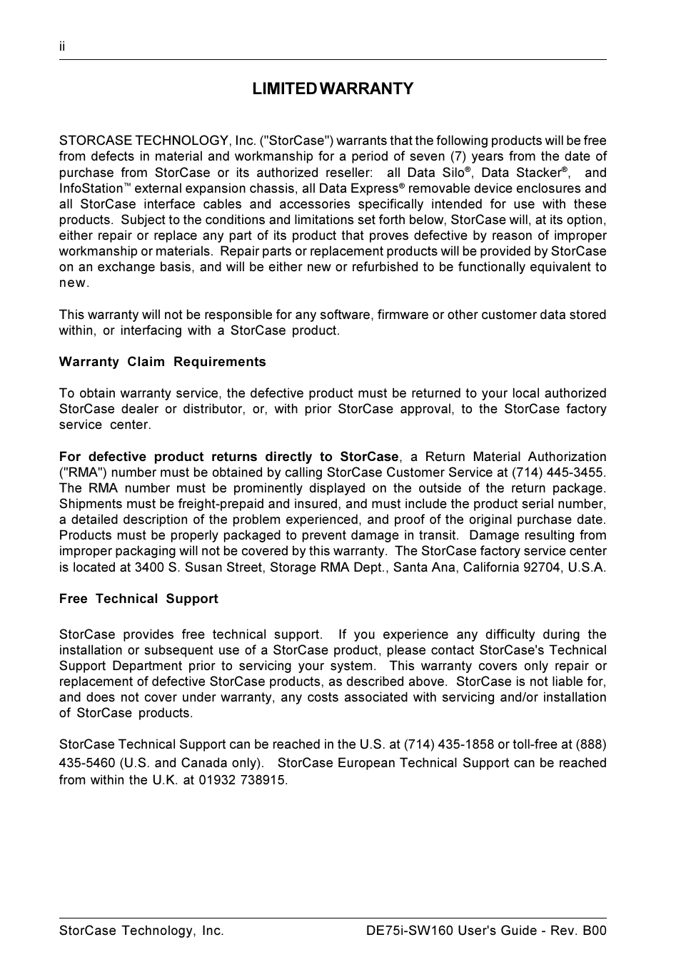 Limited warranty, Warranty claim requirements, Free technical support | StorCase Technology DE75i-SW160 User Manual | Page 3 / 29