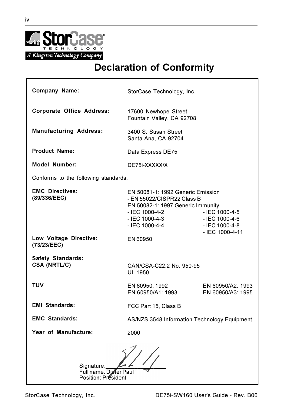 Declaration of conformity | StorCase Technology DE75i-SW160 User Manual | Page 5 / 29