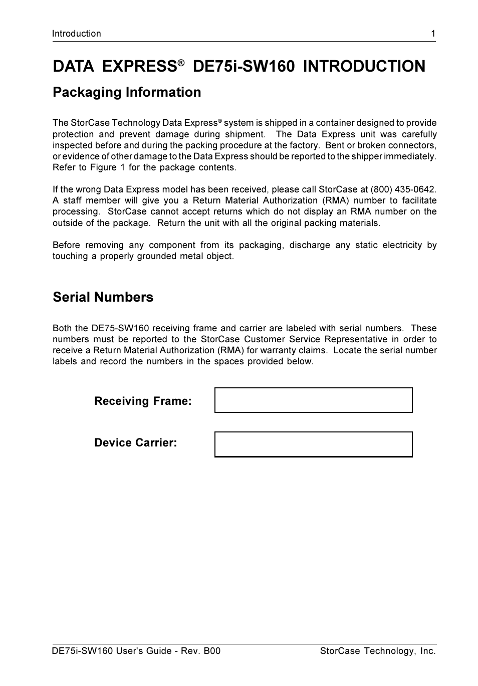 Introduction, Packaging information, Serial numbers | Data express | StorCase Technology DE75i-SW160 User Manual | Page 8 / 29