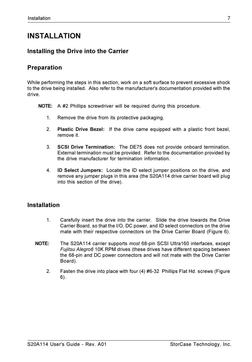 Installation, Installing the drive into the carrier preparation | StorCase Technology S20A114 User Manual | Page 14 / 29