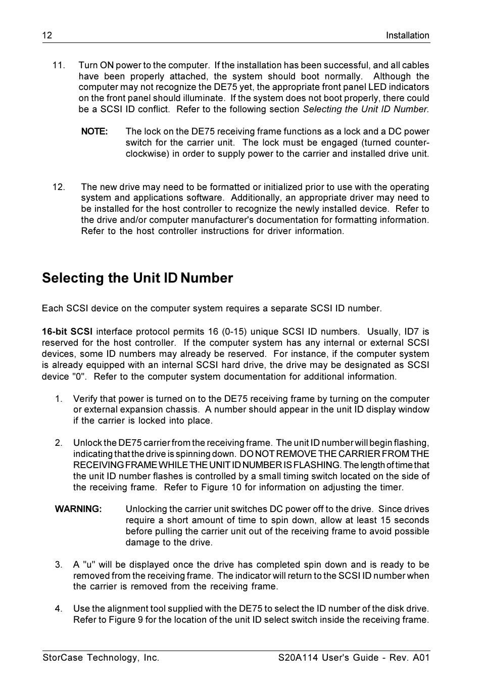 Selecting the unit id number | StorCase Technology S20A114 User Manual | Page 19 / 29