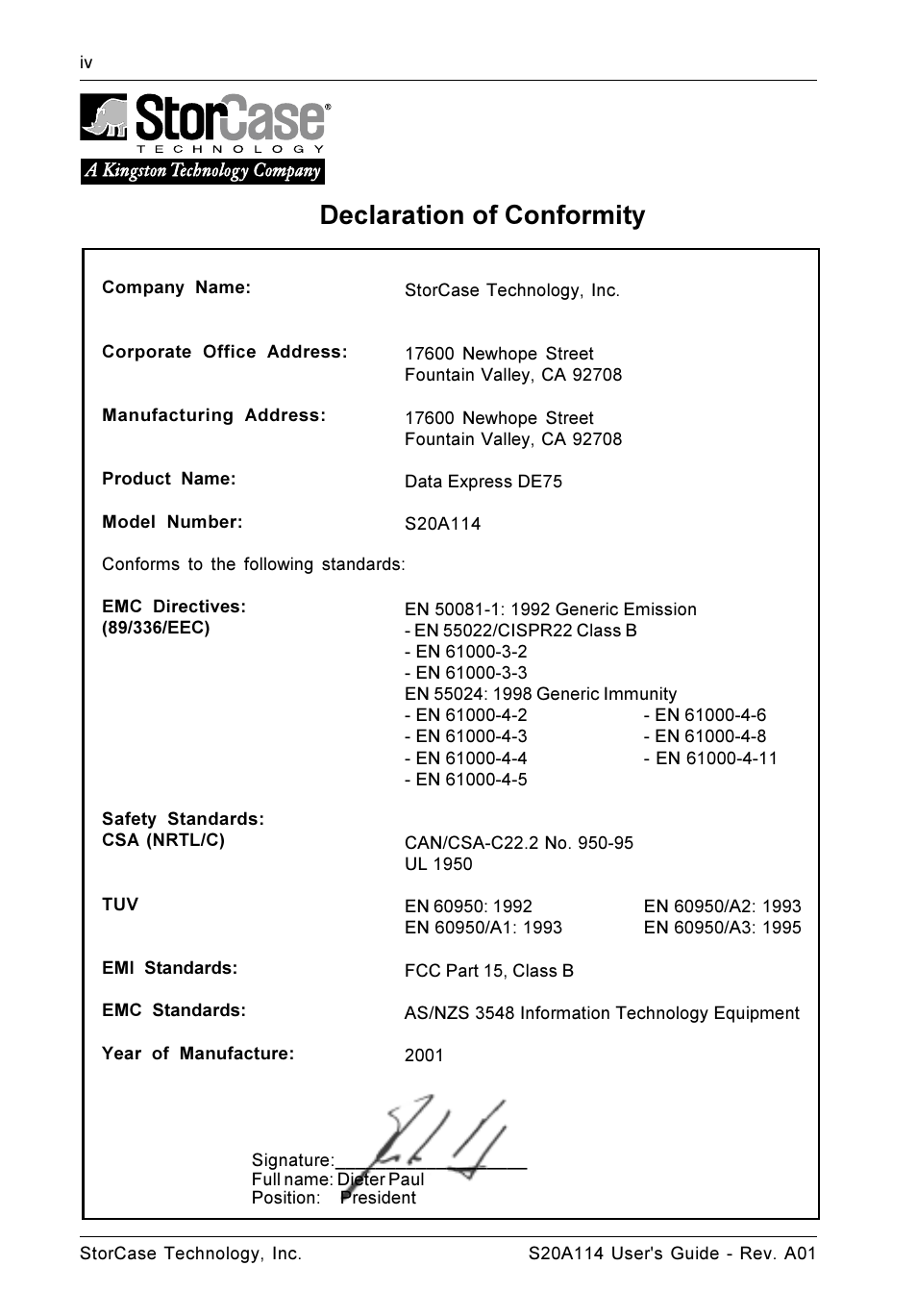 Declaration of conformity | StorCase Technology S20A114 User Manual | Page 5 / 29