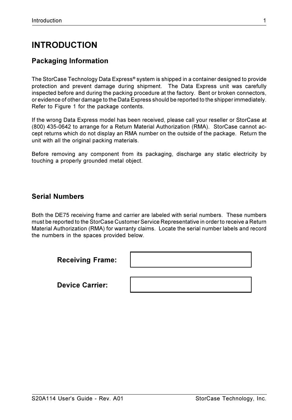 Introduction, Packaging information, Serial numbers | Receiving frame: device carrier | StorCase Technology S20A114 User Manual | Page 8 / 29