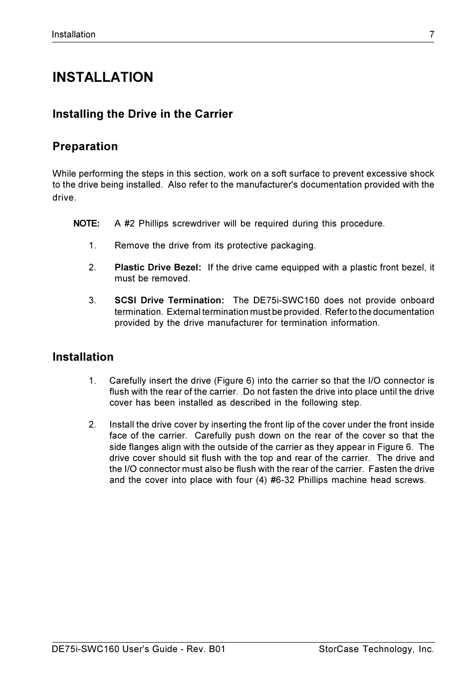 Installation, Installing the drive in the carrier preparation | StorCase Technology DE75i-SWC160 User Manual | Page 14 / 29