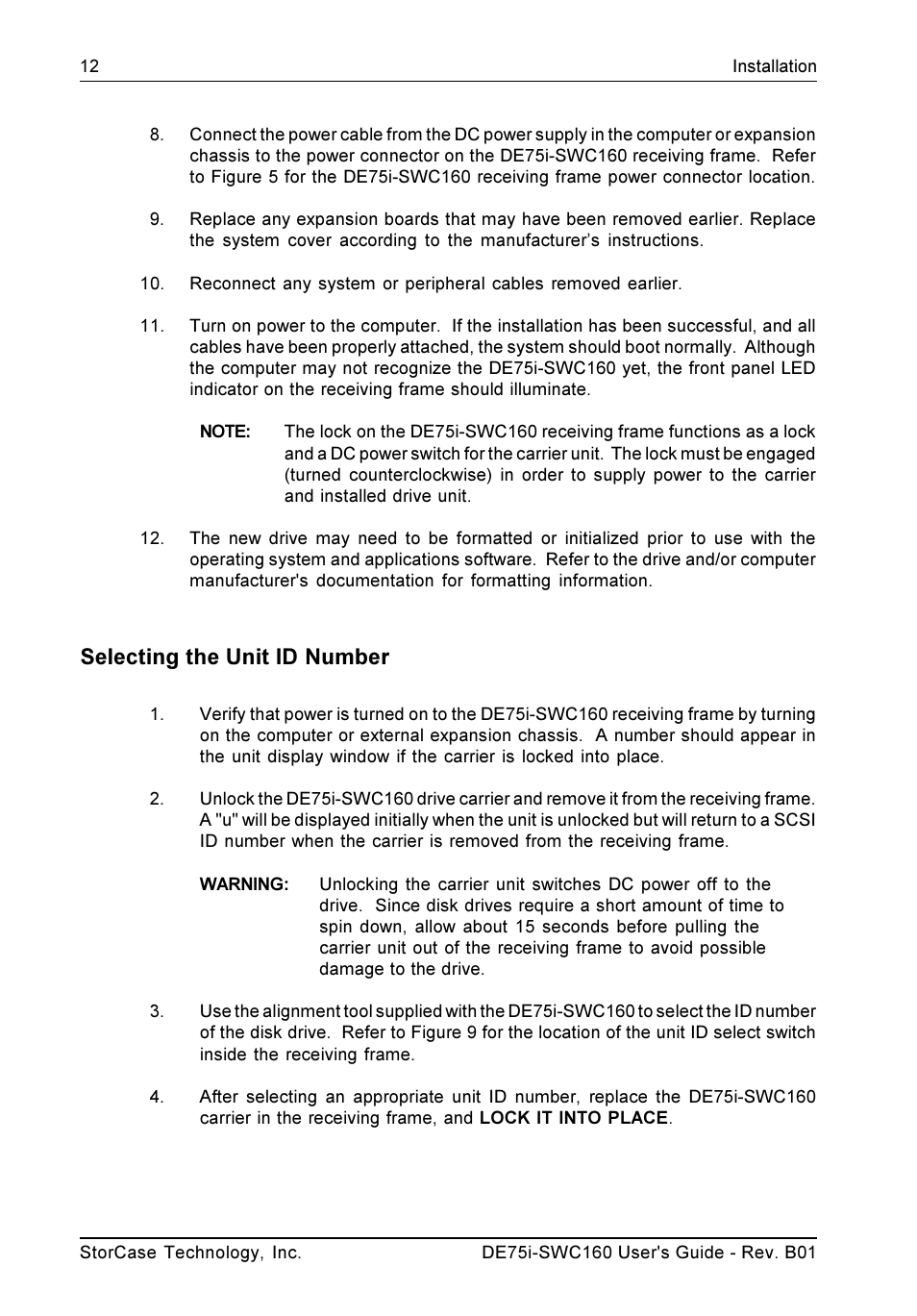 Selecting the unit id number | StorCase Technology DE75i-SWC160 User Manual | Page 19 / 29