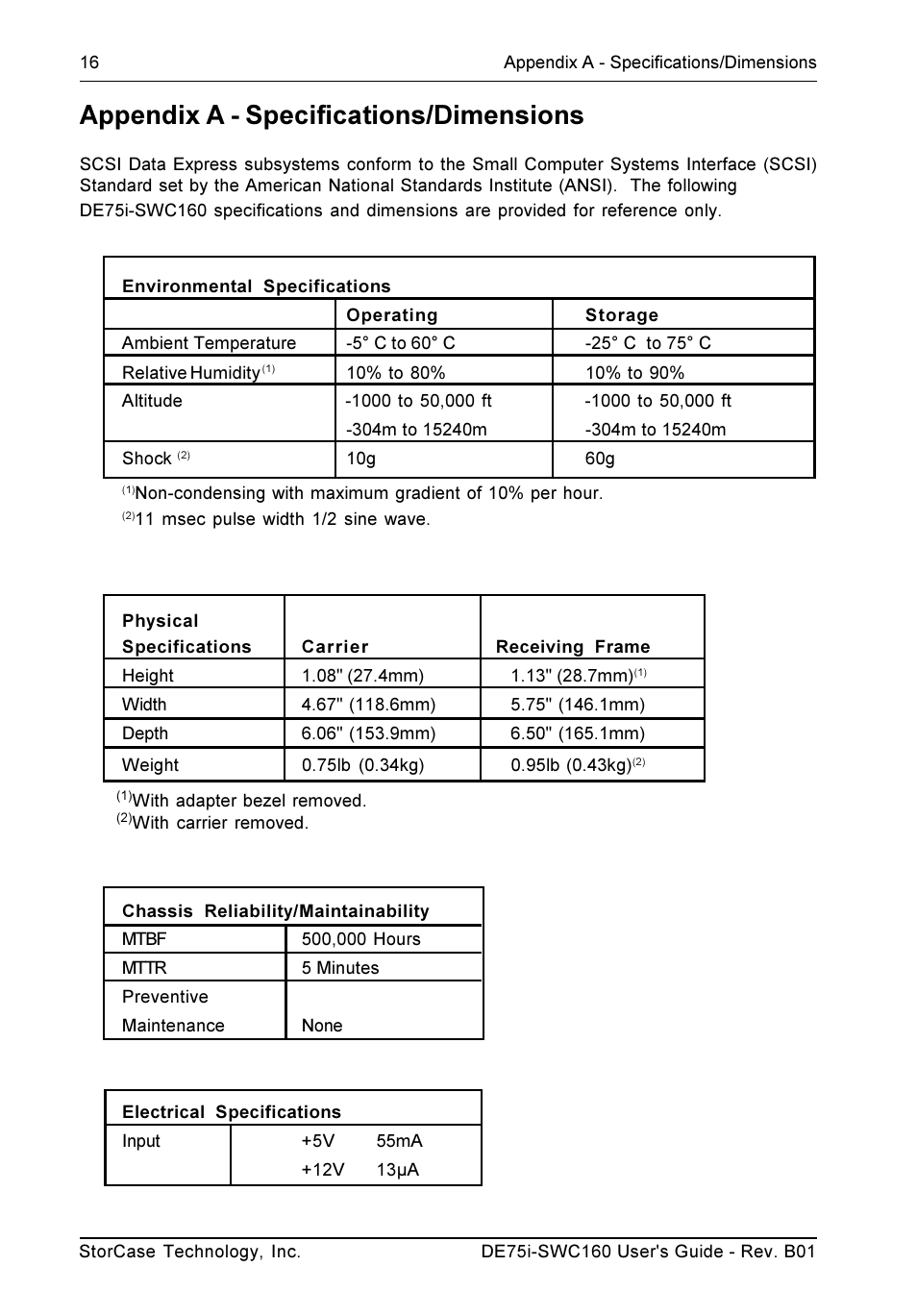 Appendix a - specifications/dimensions | StorCase Technology DE75i-SWC160 User Manual | Page 23 / 29