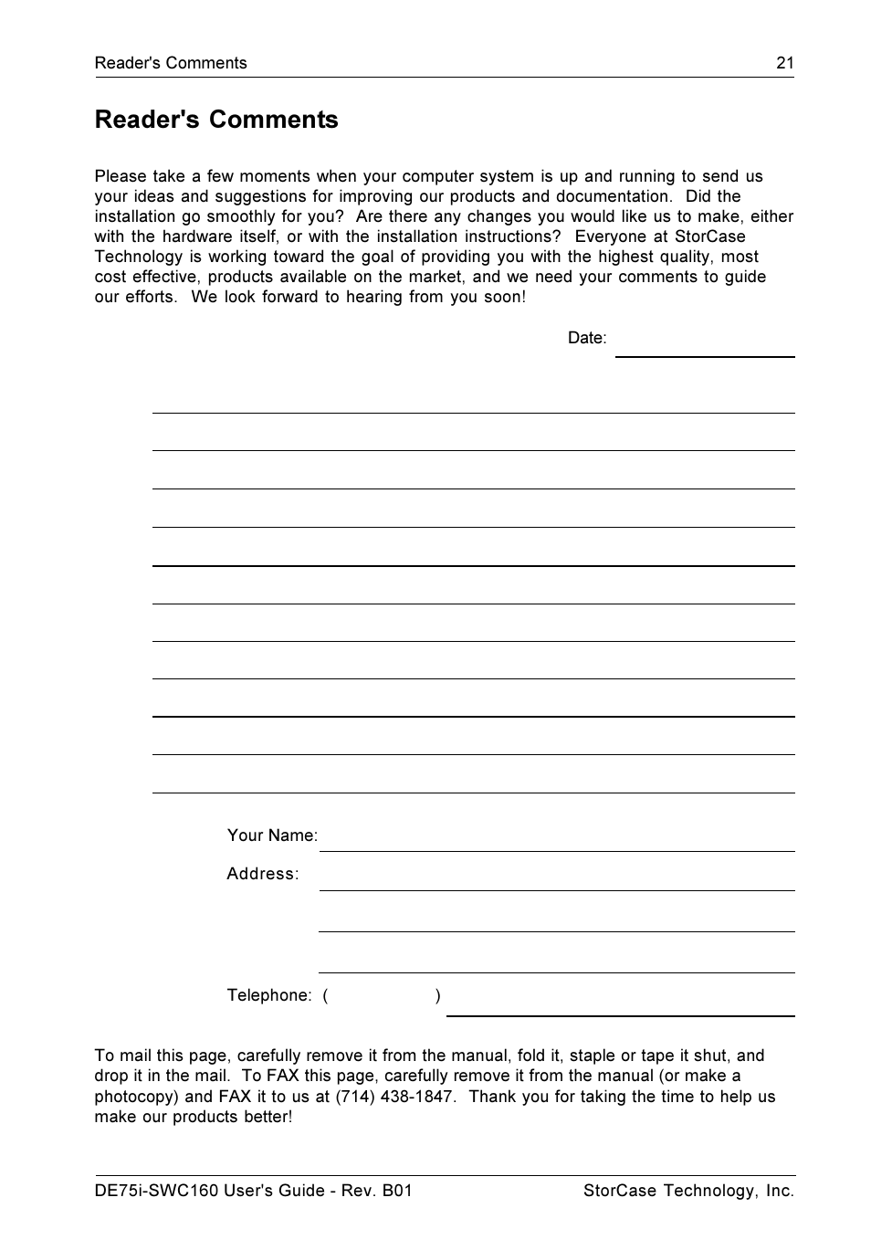 Reader's comments | StorCase Technology DE75i-SWC160 User Manual | Page 28 / 29