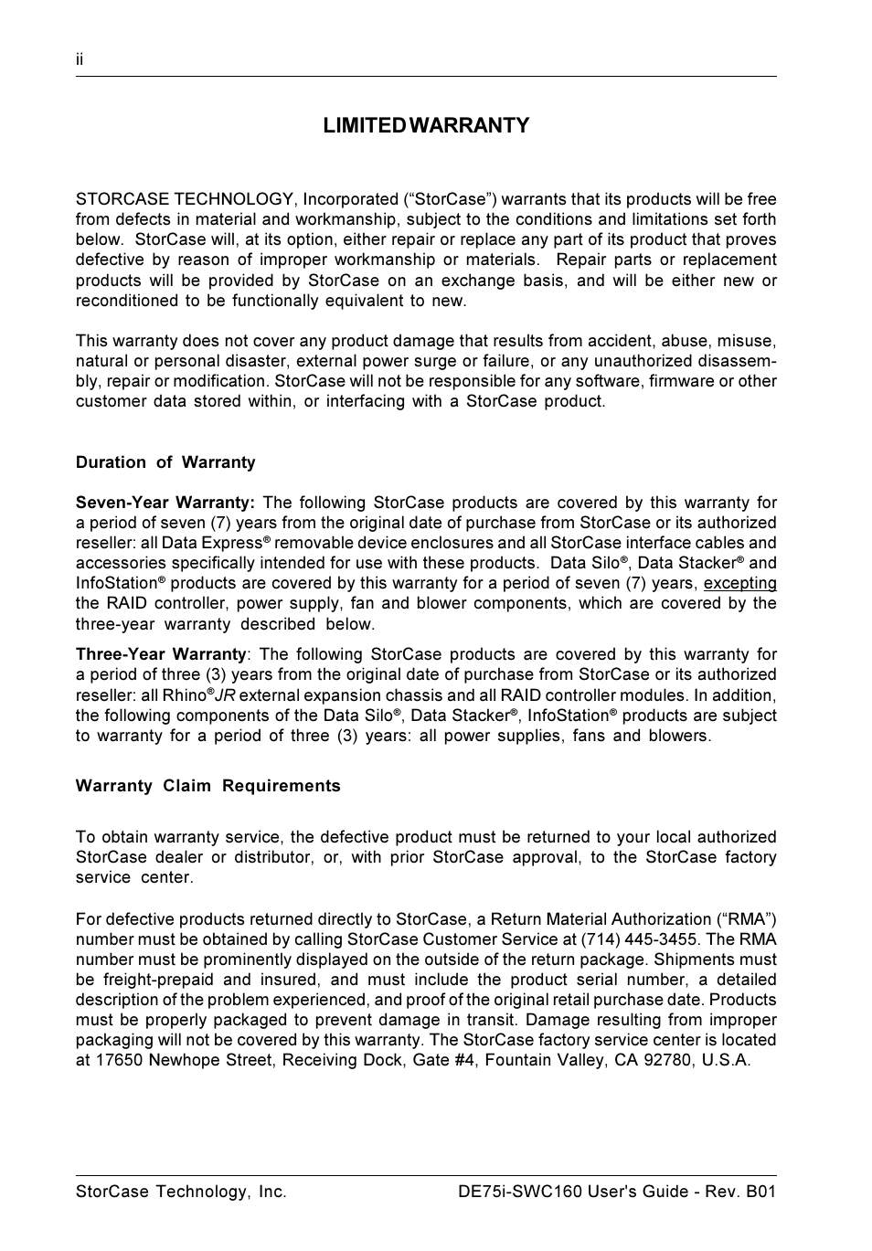 Limited warranty | StorCase Technology DE75i-SWC160 User Manual | Page 3 / 29