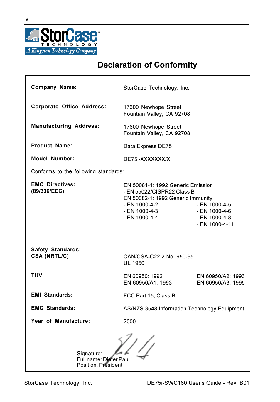 Declaration of conformity | StorCase Technology DE75i-SWC160 User Manual | Page 5 / 29