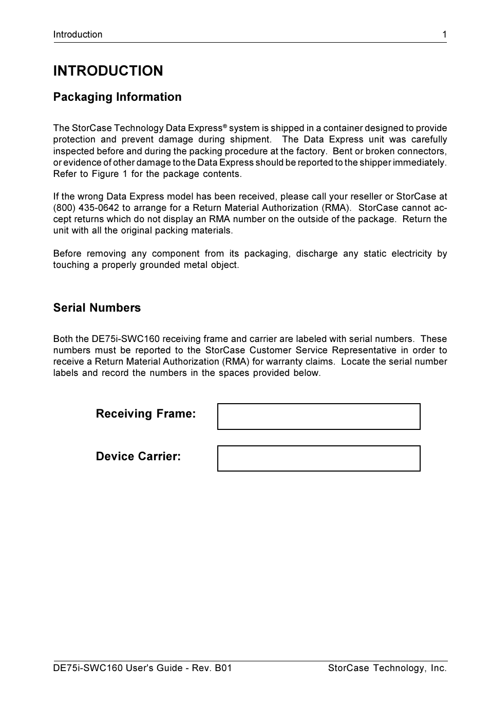 Introduction, Packaging information, Serial numbers | Receiving frame: device carrier | StorCase Technology DE75i-SWC160 User Manual | Page 8 / 29