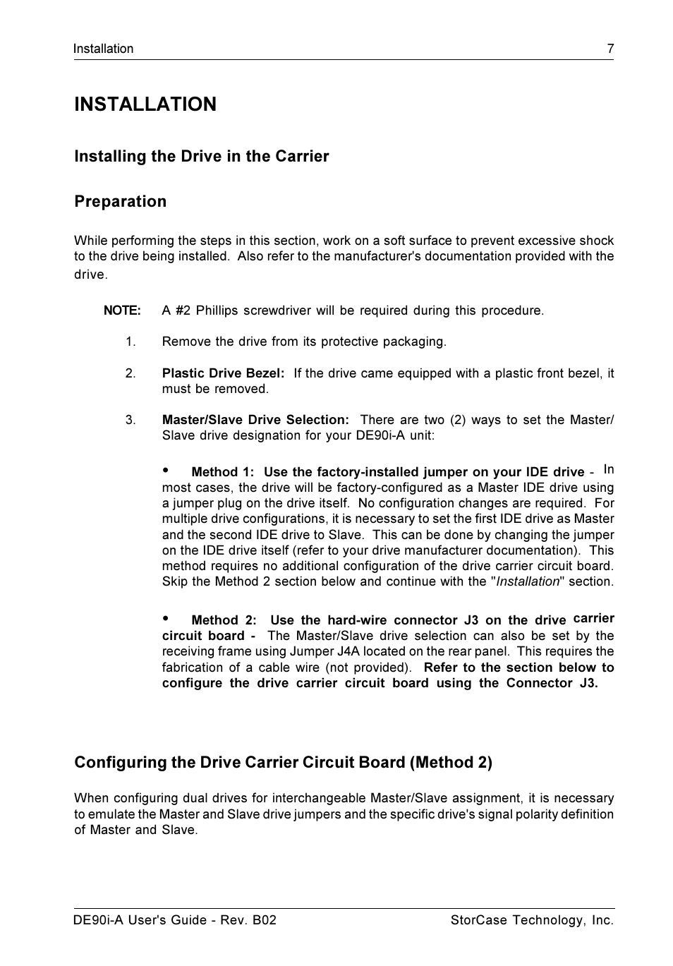 Installation, Installing the drive in the carrier preparation | StorCase Technology DE90i-A User Manual | Page 14 / 29