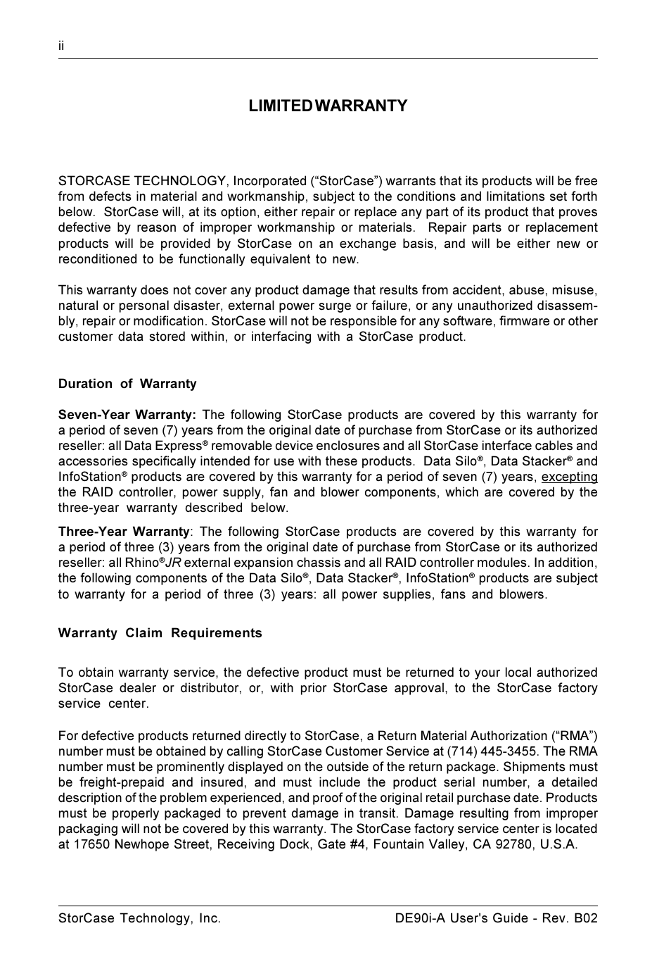 Limited warranty | StorCase Technology DE90i-A User Manual | Page 3 / 29