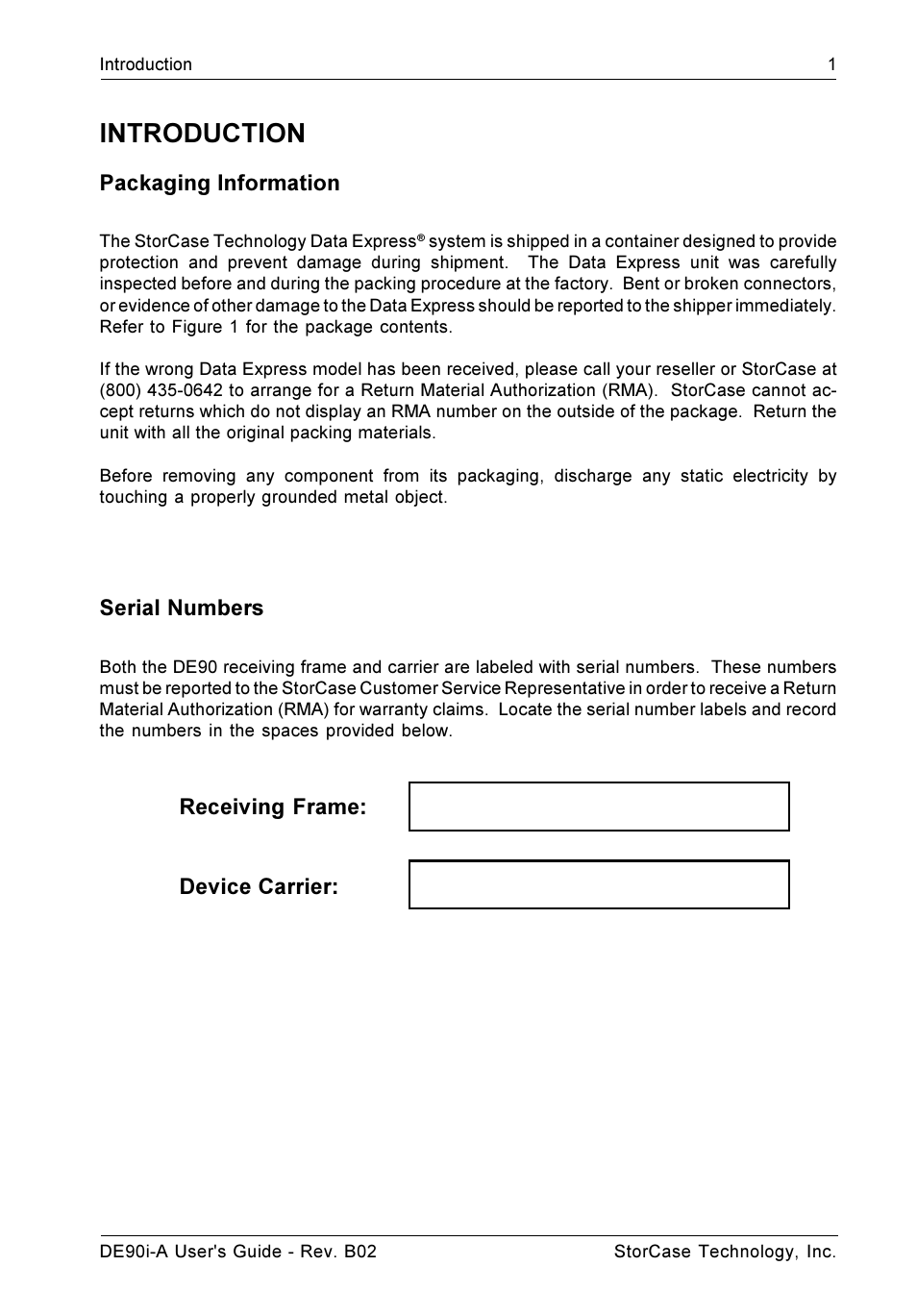 Introduction, Packaging information, Serial numbers | Receiving frame: device carrier | StorCase Technology DE90i-A User Manual | Page 8 / 29