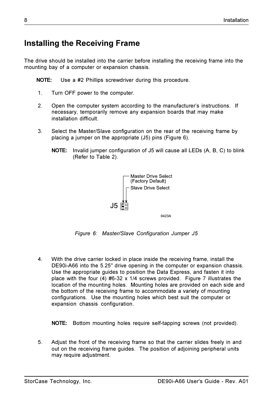 Installing the receiving frame | StorCase Technology DE90i-A66 User Manual | Page 15 / 23
