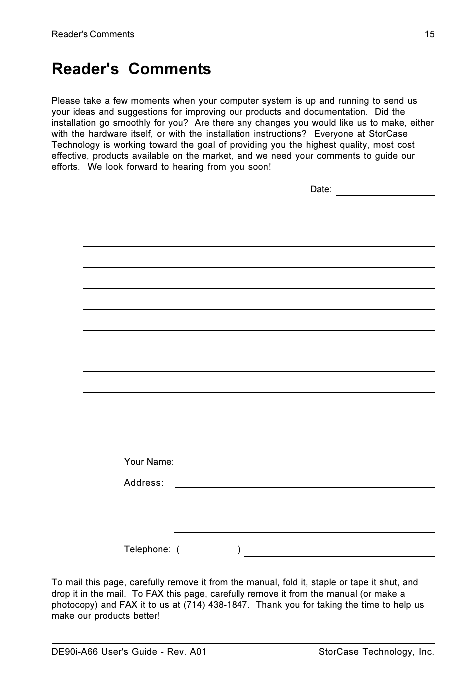 Reader's comments | StorCase Technology DE90i-A66 User Manual | Page 22 / 23