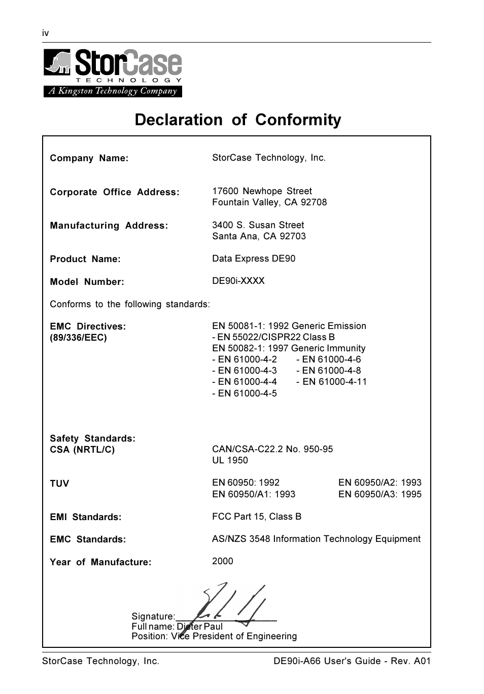 Declaration of conformity | StorCase Technology DE90i-A66 User Manual | Page 5 / 23